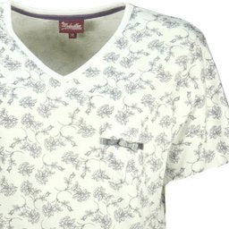 Dames pyjama top met V-hals, korte mouwen en bloemenprint. Wit met grijze bloemetjes en een borstzakje.