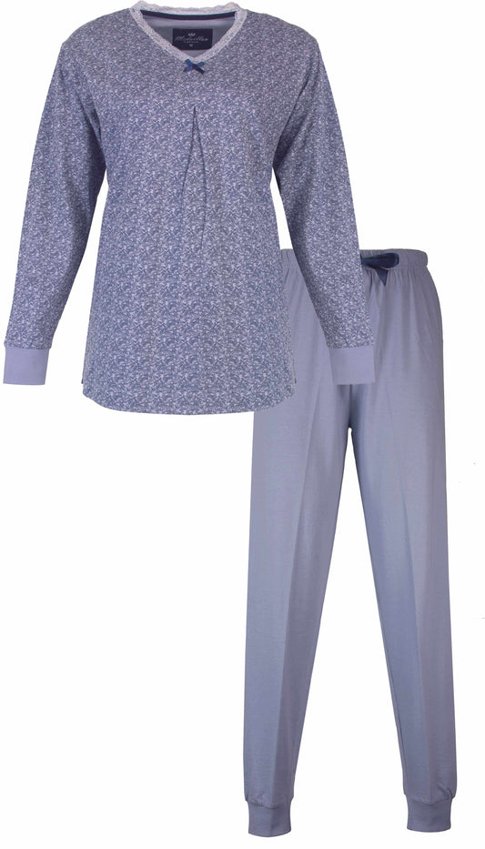Lavendelblauw dames pyjama met lange mouwen, bloemenpatroon op shirt en effen broek