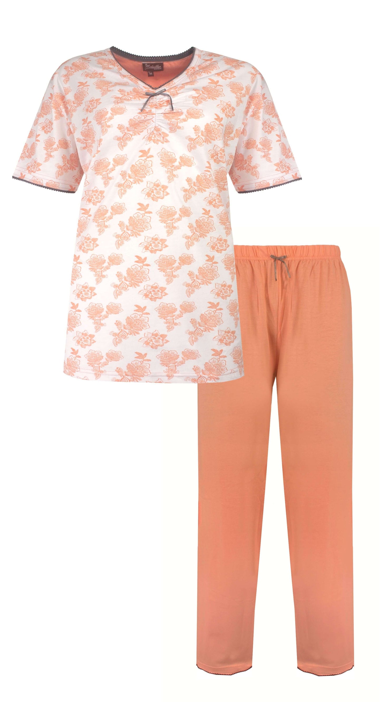 Licht oranje dames pyjama set met bloemenprint top en lange uni broek, gemaakt van 100% katoen