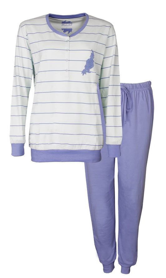 Lichtblauwe dames pyjama met gestreepte top en lange mouwen, polosluiting en effen broek met elastische taille