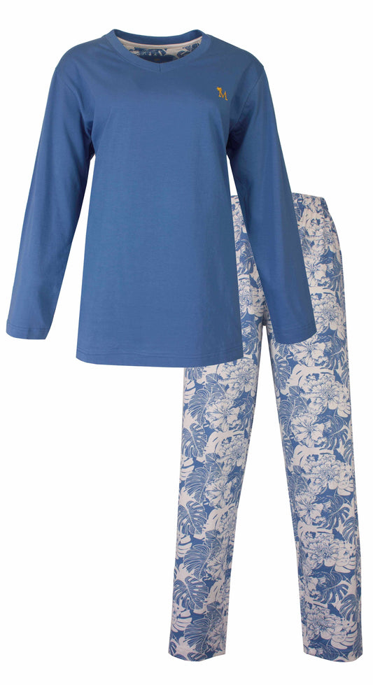 Lichtblauwe katoenen pyjama met lange mouwen en bijpassende broek met bloemenprint voor dames