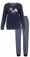 Medaillon Dames Pyjama - 100% Gekamde Katoen - Navy Blauw