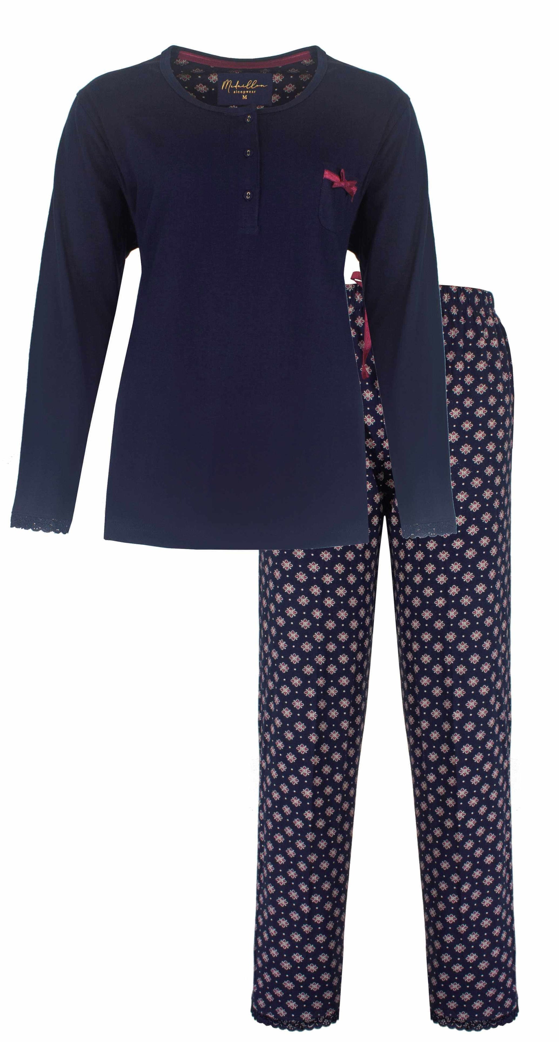 Marineblauwe dames pyjama set met lange mouwen en knoopsluiting, bijpassende broek met bloemenpatroon