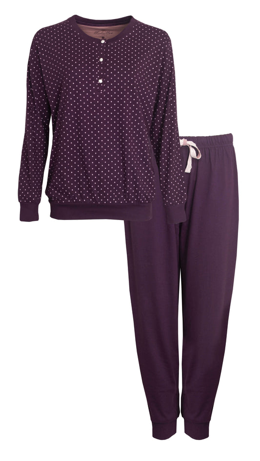 Paarse dames pyjama set met gestippelde top en lange mouwen, en effen broek met trekkoord