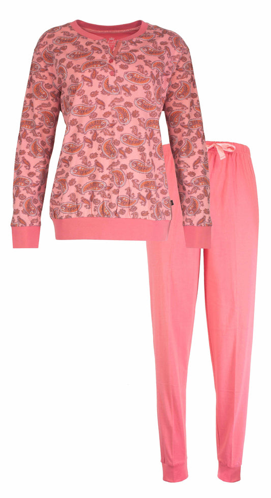 Roze dames pyjama set met paisley print op het shirt en effen roze broek, gemaakt van katoen