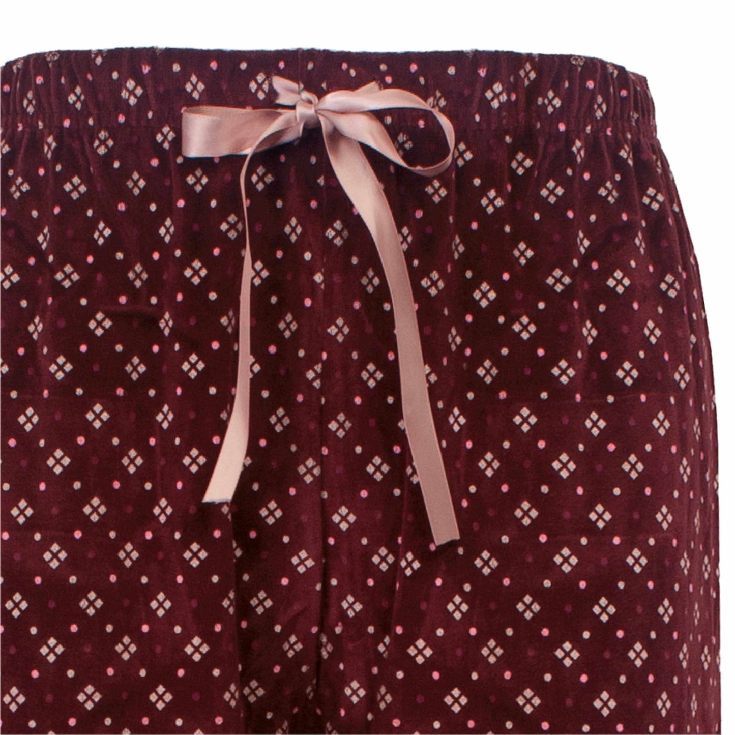 Bordeauxrode pyjamabroek met klein roze patroon en een lichtroze strik als decoratie op de tailleband.