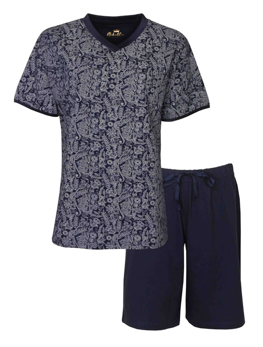 Blauwe dames shortama met lichtgrijze bloemenprint. Set bestaat uit een T-shirt en korte broek.