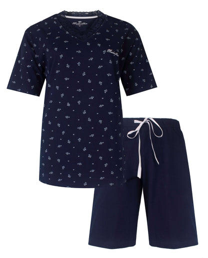 Donkerblauwe dames shortama set met bloemenprint op t-shirt en effen shorts met wit koord