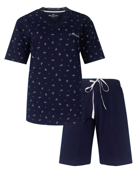 Donkerblauwe dames shortama set met bloemenprint op t-shirt en effen shorts met wit koord