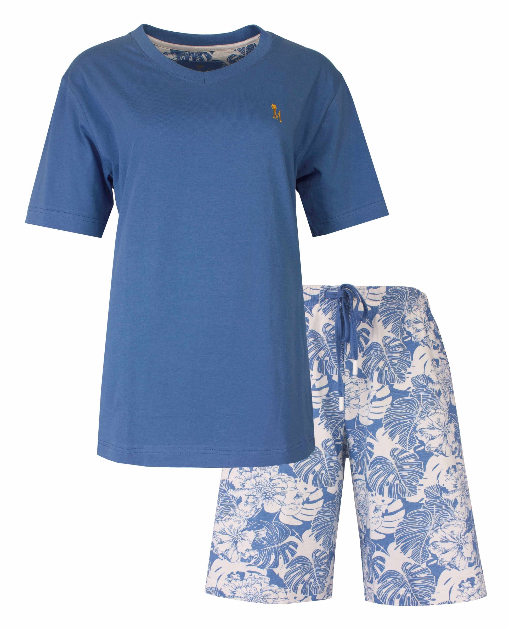 Lichtblauwe dames shortama set met effen T-shirt en bloemenprint shorts met tropische bladeren
