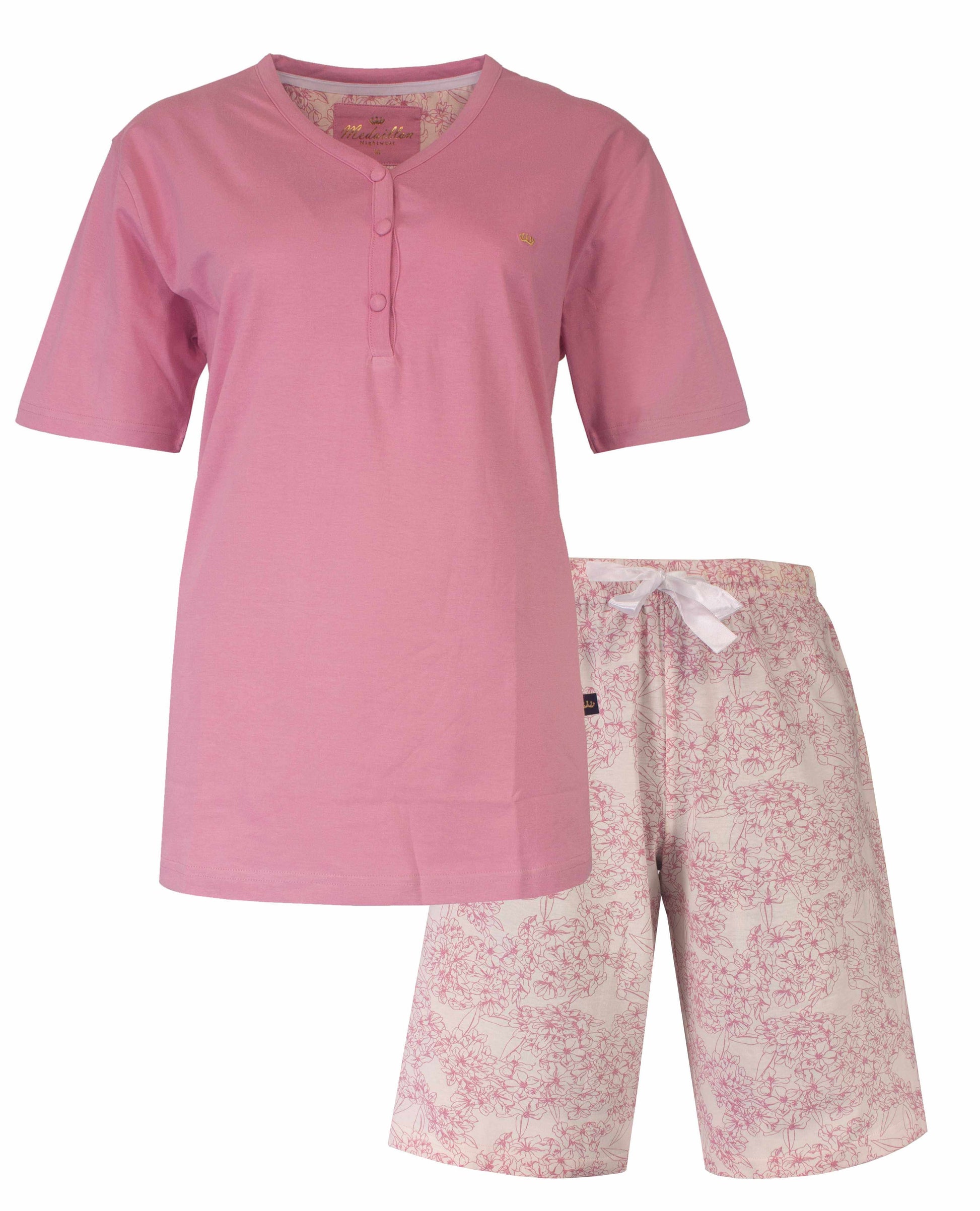 Roze dames shortama set met effen shirt en bloemenprint shorts, ideaal voor zomerse nachten