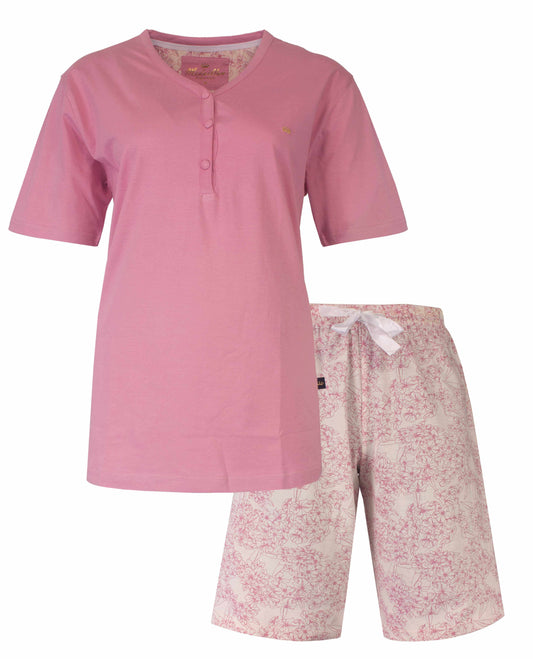 Roze dames shortama set met effen shirt en bloemenprint shorts, ideaal voor zomerse nachten
