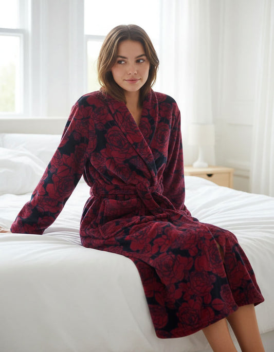 Medaillon dames Fleece Badjas Ochtendjas  - Blauw Rood - achteraanzicht