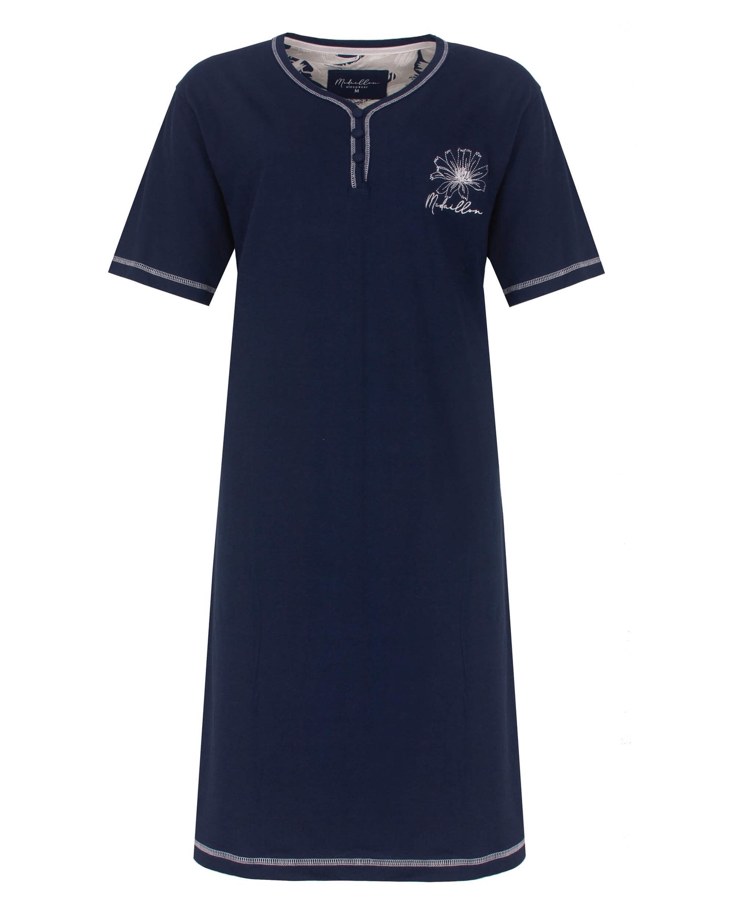  Medaillon Dames Nachthemd - Korte Mouwen - Katoen - Donker  Blauw - vooraanzicht