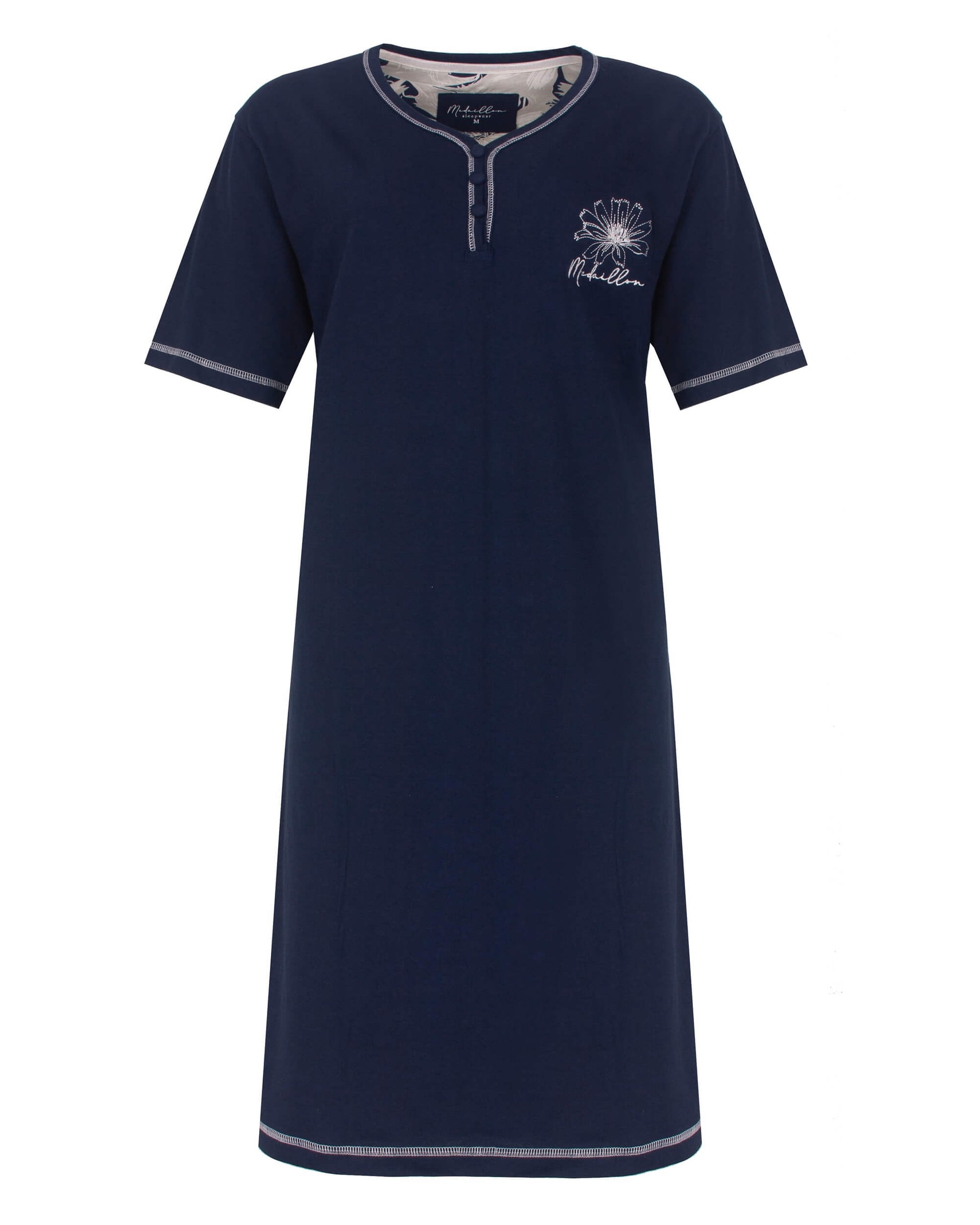  Medaillon Dames Nachthemd - Korte Mouwen - Katoen - Donker  Blauw - vooraanzicht