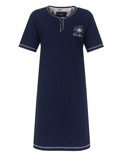  Medaillon Dames Nachthemd - Korte Mouwen - Katoen - Donker  Blauw - vooraanzicht