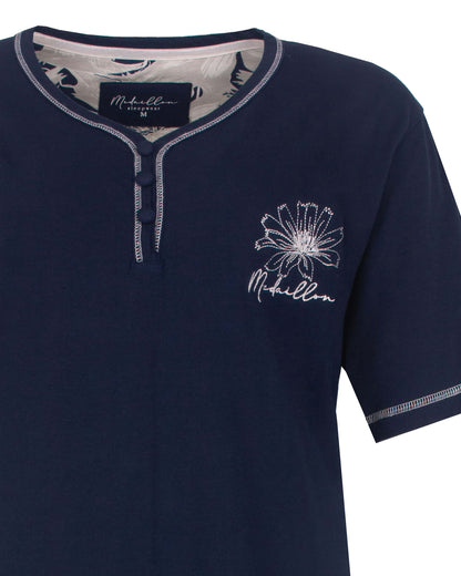  Medaillon Dames Nachthemd - Korte Mouwen - Katoen - Donker  Blauw - detail