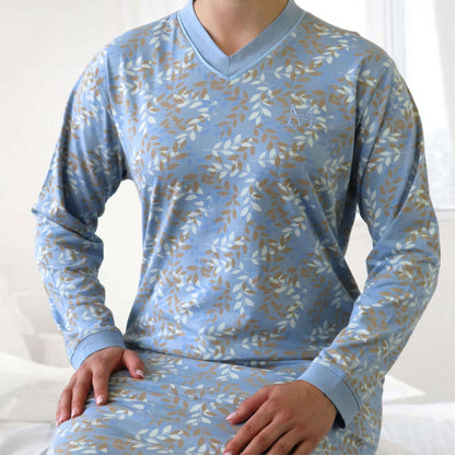 Medaillon dames Nachthemd - Lange Mouwen - Borduur op borst -   Blauw - afbeelding 4