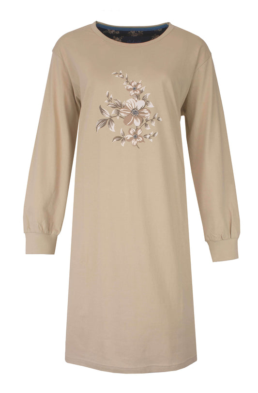 Medaillon dames Nachthemd - Lange Mouwen - Katoen - Beige - vooraanzicht