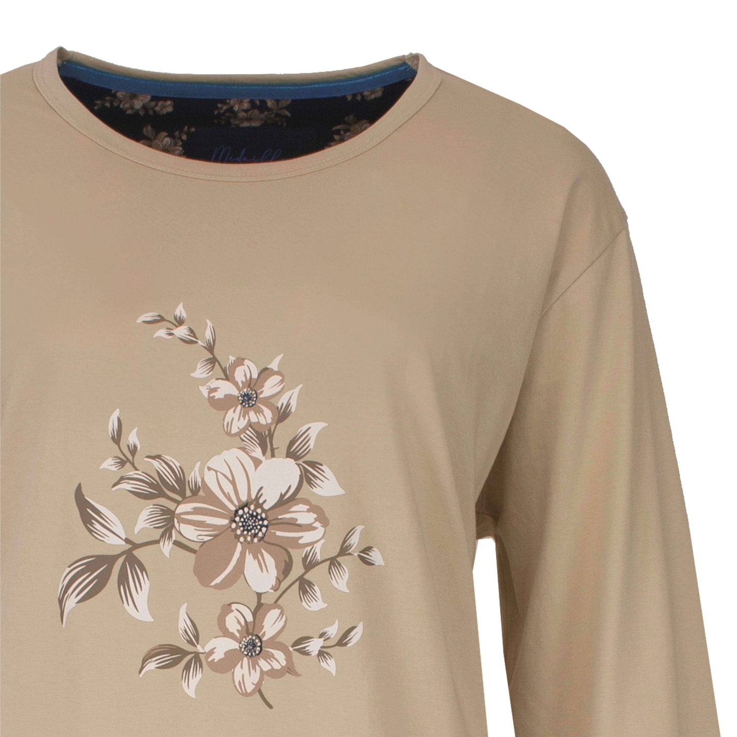 Medaillon dames Nachthemd - Lange Mouwen - Katoen - Beige - detail