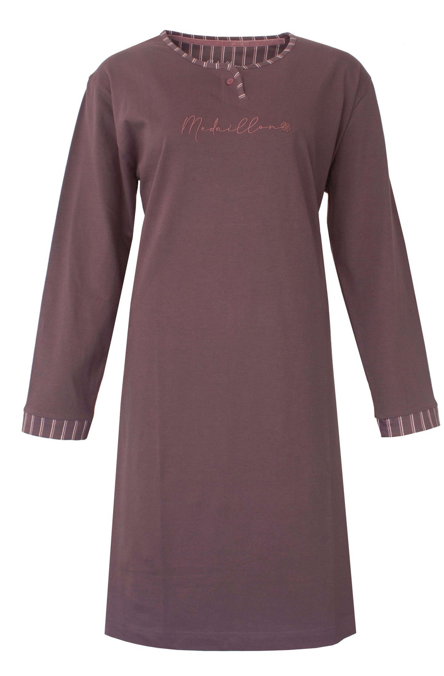 Medaillon dames Nachthemd - Lange Mouwen - Katoen -  Bruin - detail