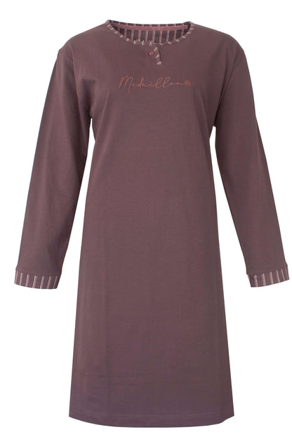 Medaillon dames Nachthemd - Lange Mouwen - Katoen -  Bruin - detail