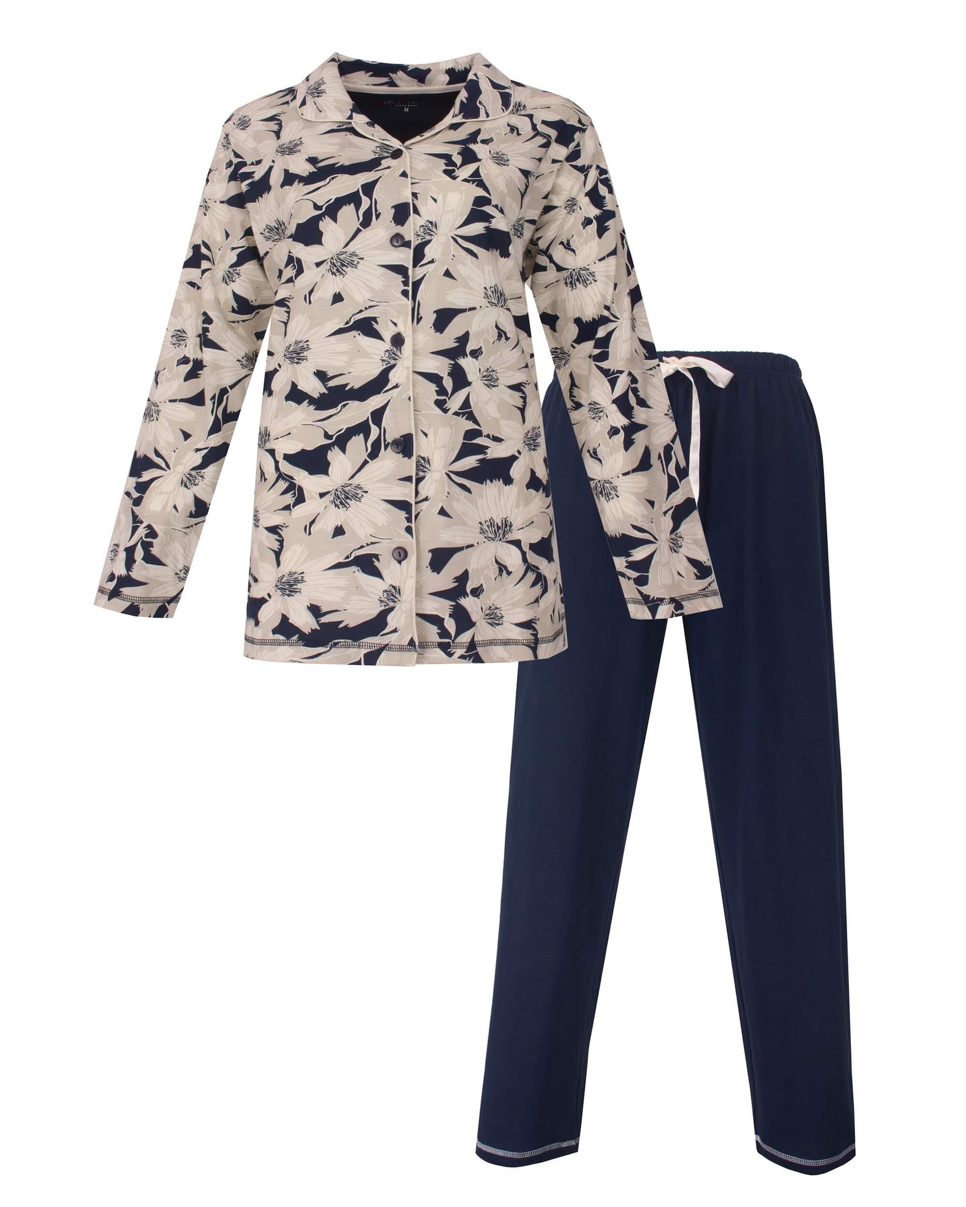  Medaillon Dames Pyjama - Doorknoop - Katoen  - Donker Blauw - vooraanzicht