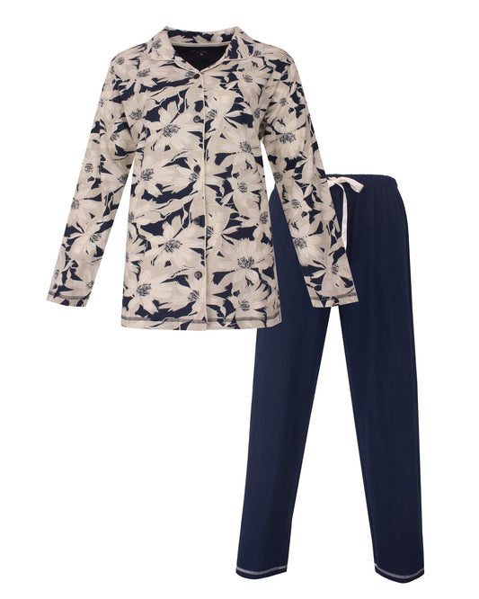  Medaillon Dames Pyjama - Doorknoop - Katoen  - Donker Blauw - vooraanzicht