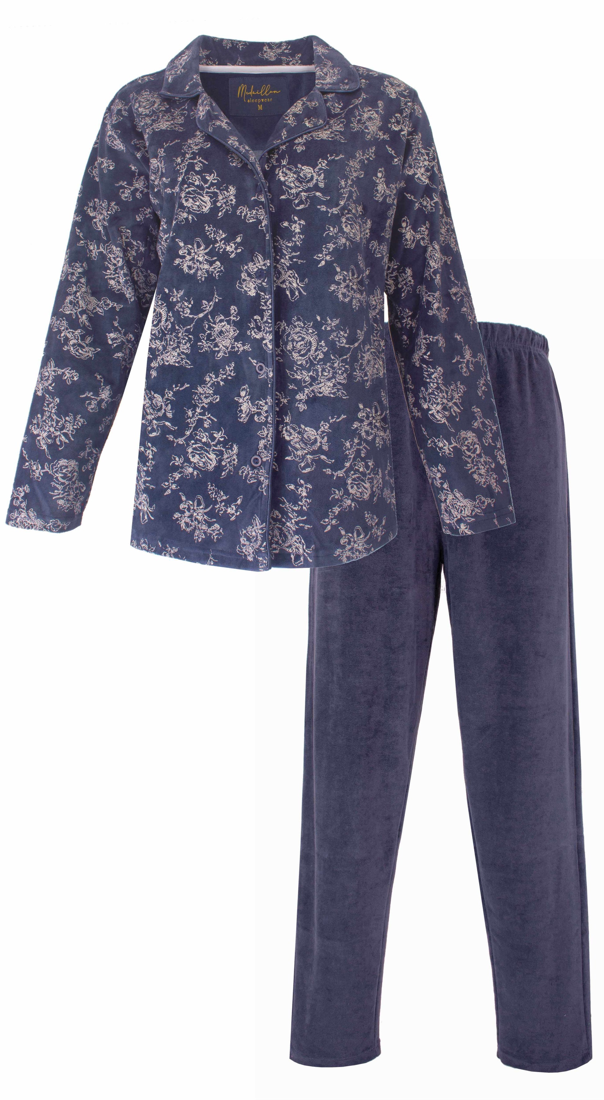 Medaillon dames Doorknoop Pyjama - Velours Pyjama  - Donker Blauw - vooraanzicht