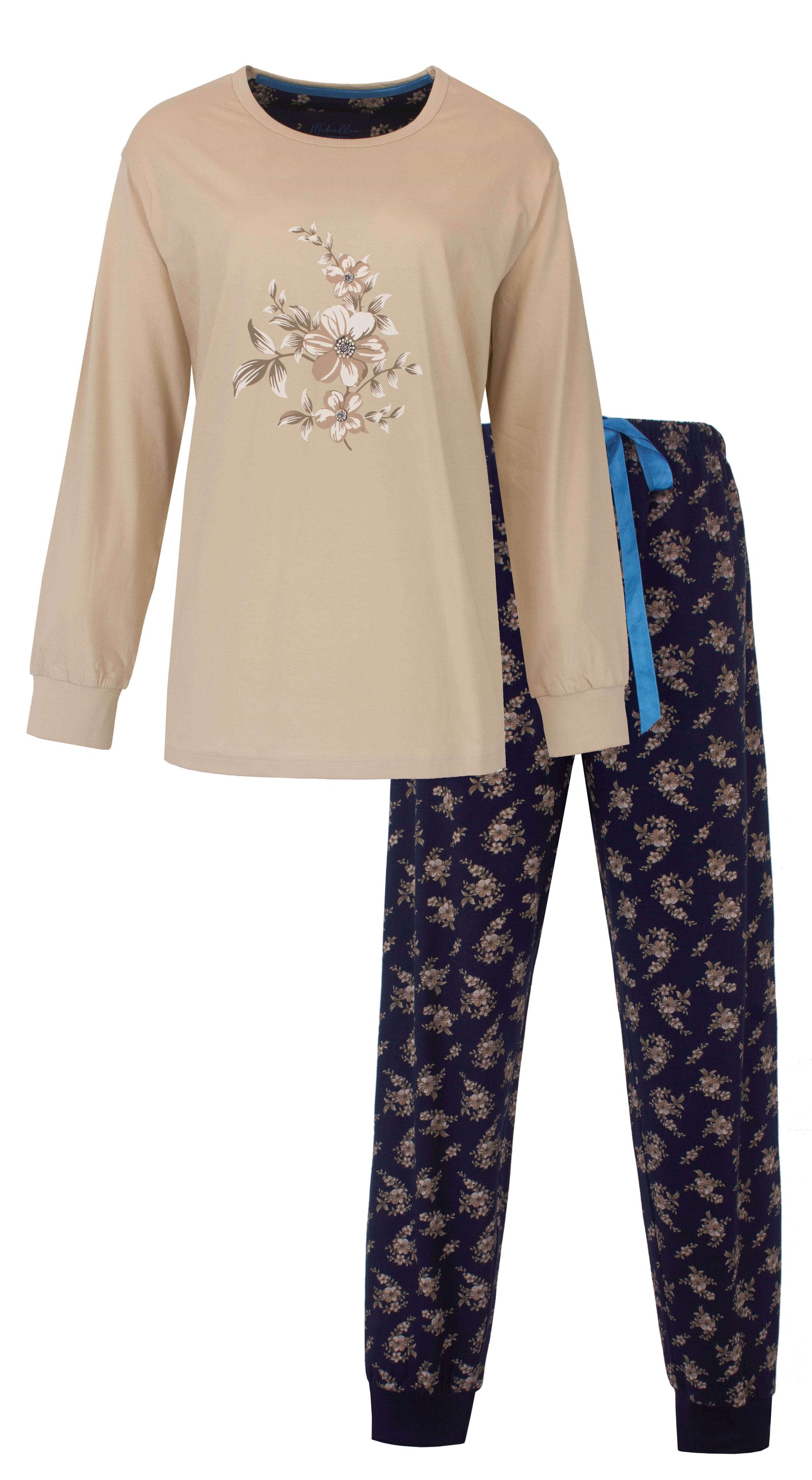  Medaillon Dames Pyjama - Lange Mouwen - Katoen - Geprinte Lange Broek -  Beige - vooraanzicht