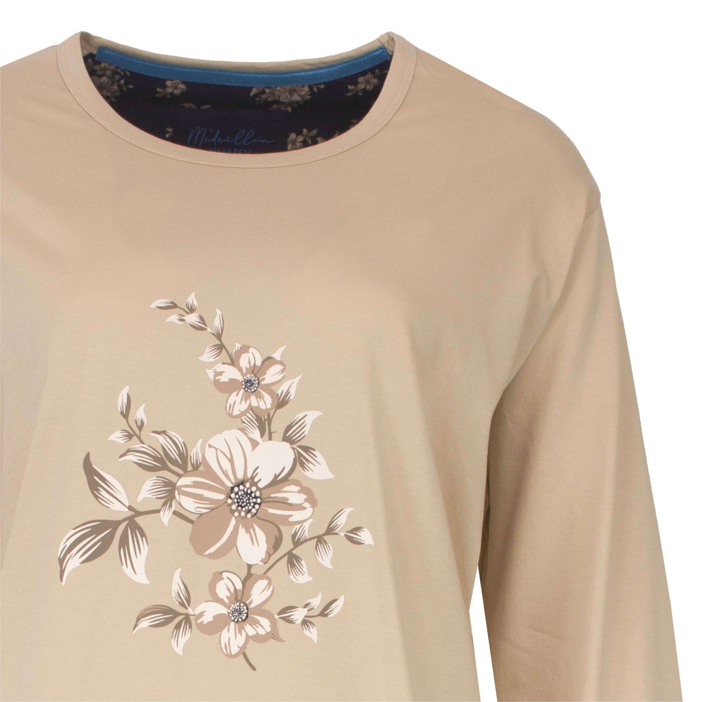  Medaillon Dames Pyjama - Lange Mouwen - Katoen - Geprinte Lange Broek -  Beige - detail