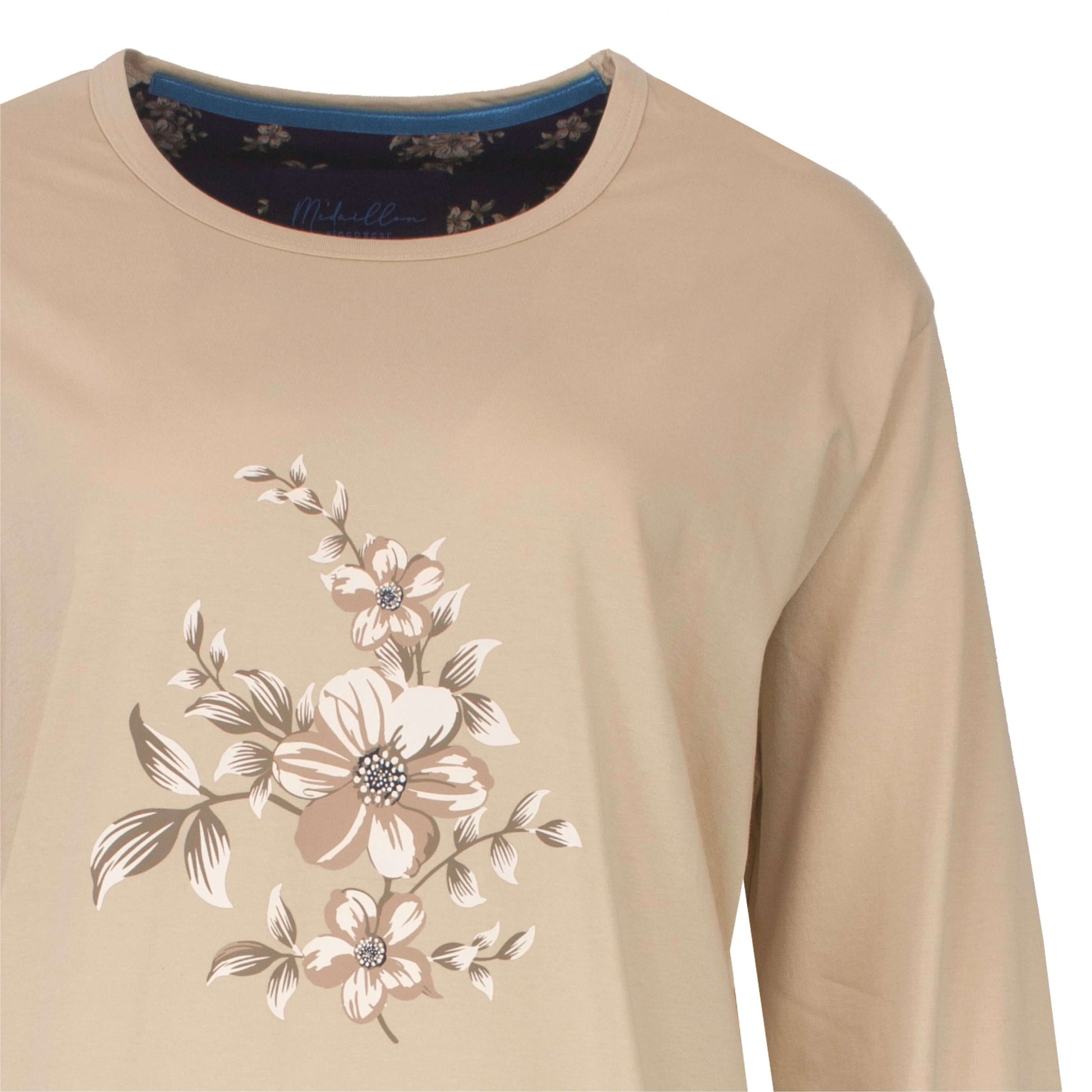  Medaillon Dames Pyjama - Lange Mouwen - Katoen - Geprinte Lange Broek -  Beige - detail