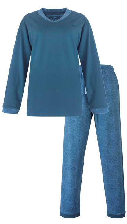  Medaillon dames Pyjama -Lange Mouwen -  Petrol Blauw - vooraanzicht