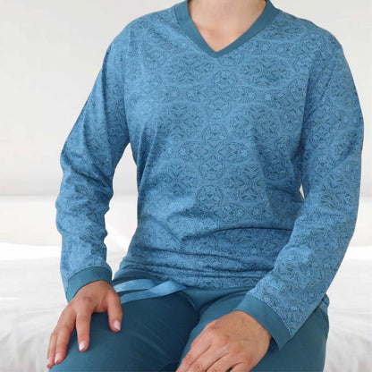 Medaillon dames Pyjama - Lange Mouwen  - Petrol Blauw - afbeelding 6