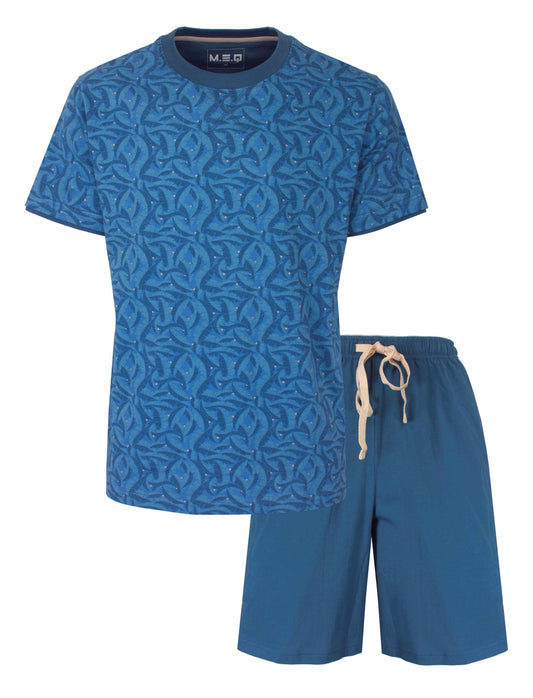 Blauwe heren shortama met all-over print. T-shirt met korte mouwen en korte broek met trekkoord.