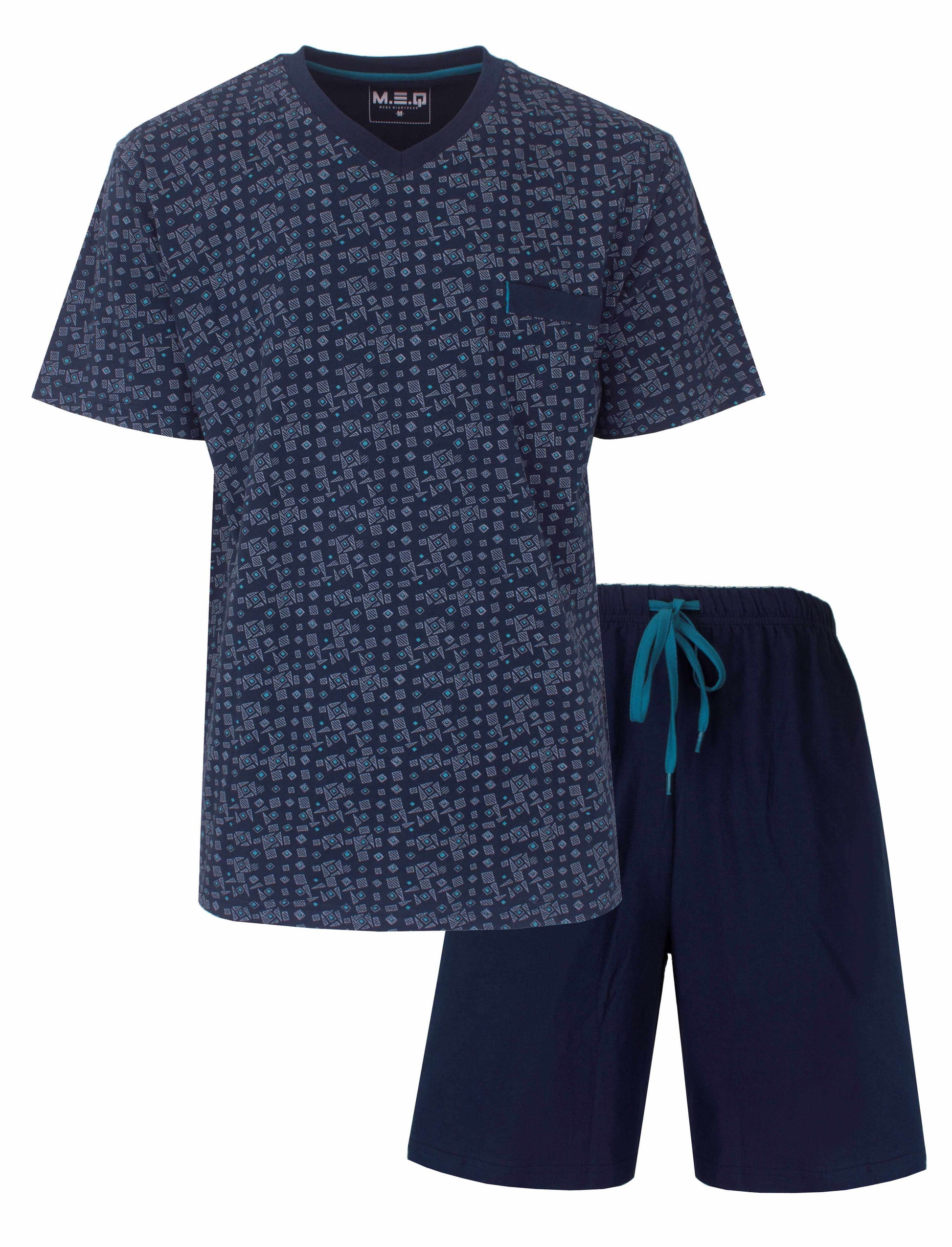 Blauwe heren shortama met geometrisch print op shirt, donkerblauwe korte broek met turquoise trekkoord