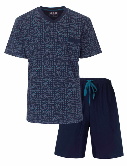 Blauwe heren shortama met geometrisch print op shirt, donkerblauwe korte broek met turquoise trekkoord