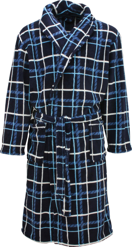 Blauwe geruite fleece badjas voor heren met sjaalkraag, lange mouwen en een ceintuur