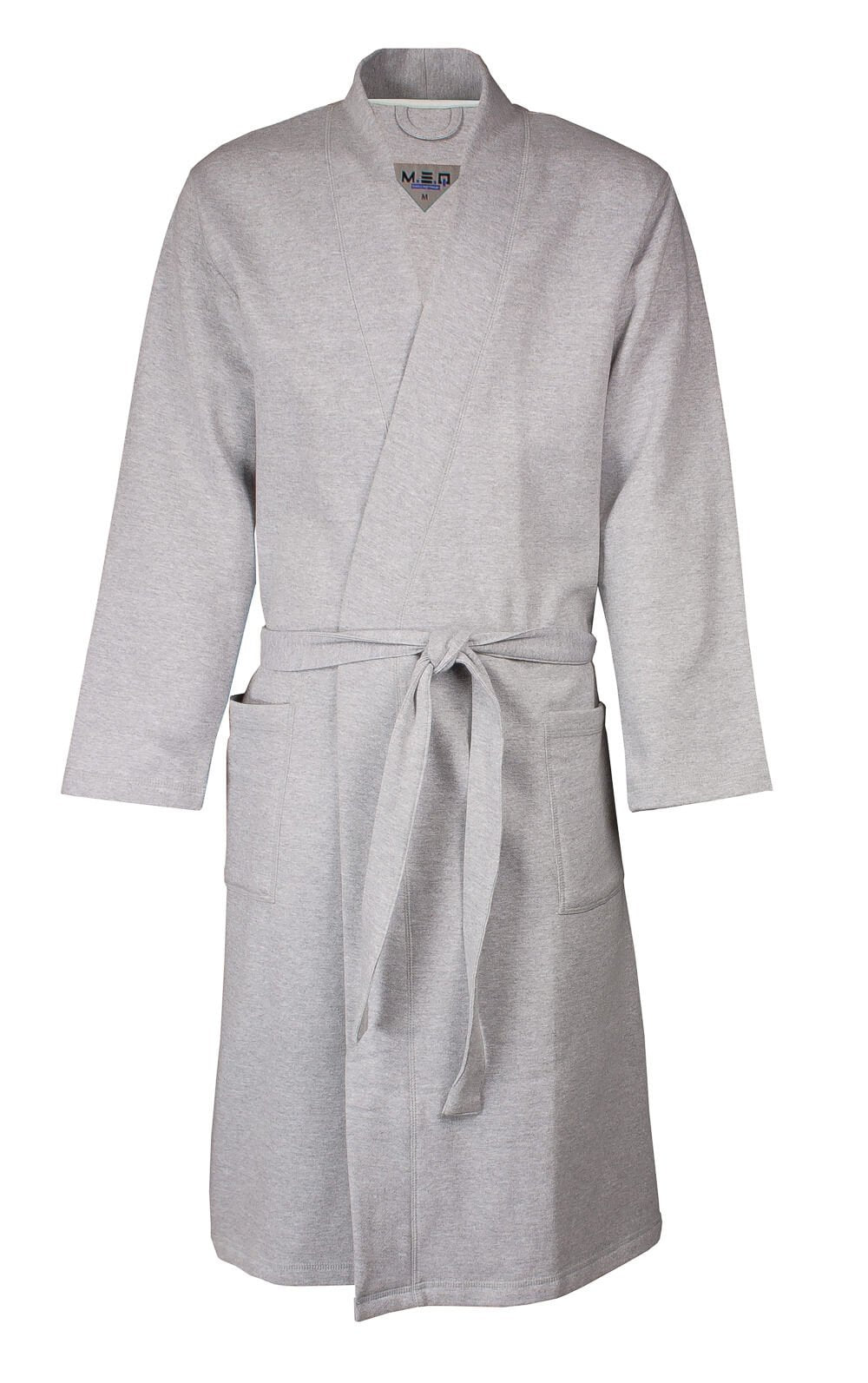 Grijze heren badjas in kimono-stijl met lange mouwen, ceintuur en opgestikte zakken, gemaakt van sweatstof