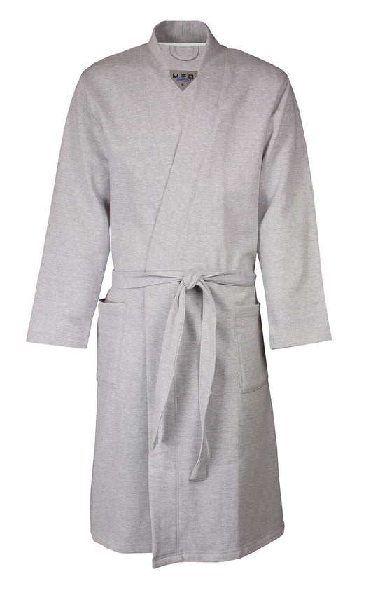 Grijze heren badjas in kimono-stijl met lange mouwen, ceintuur en opgestikte zakken, gemaakt van sweatstof