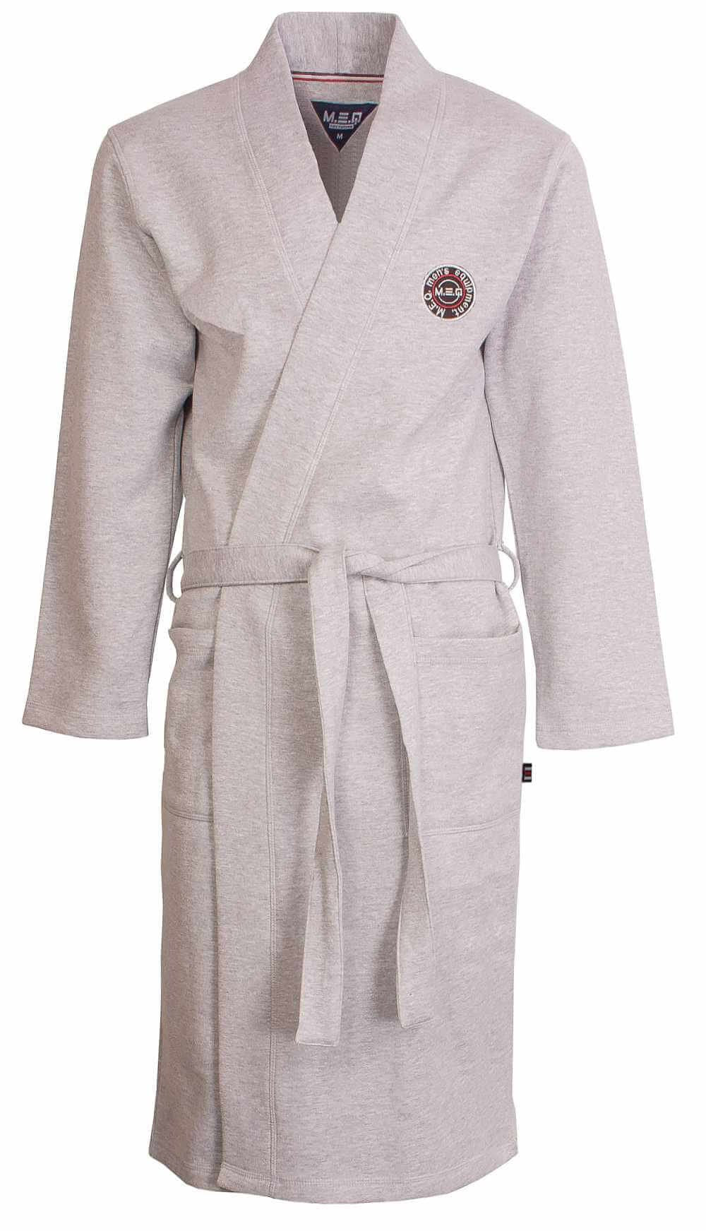 Grijze kimono-stijl badjas met lange mouwen, ceintuur en opgestikte zakken. MEQ-logo op de borst.