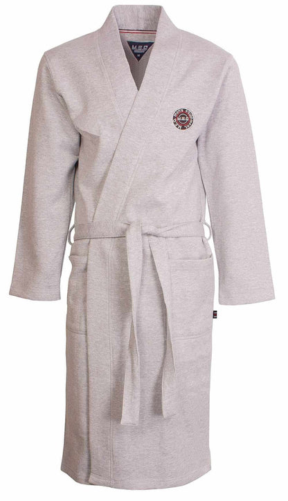 Grijze kimono-stijl badjas met lange mouwen, ceintuur en opgestikte zakken. MEQ-logo op de borst.