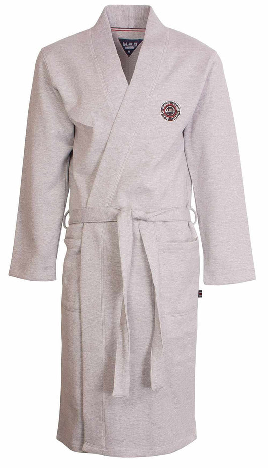 Grijze kimono-stijl badjas met lange mouwen, ceintuur en opgestikte zakken. MEQ-logo op de borst.