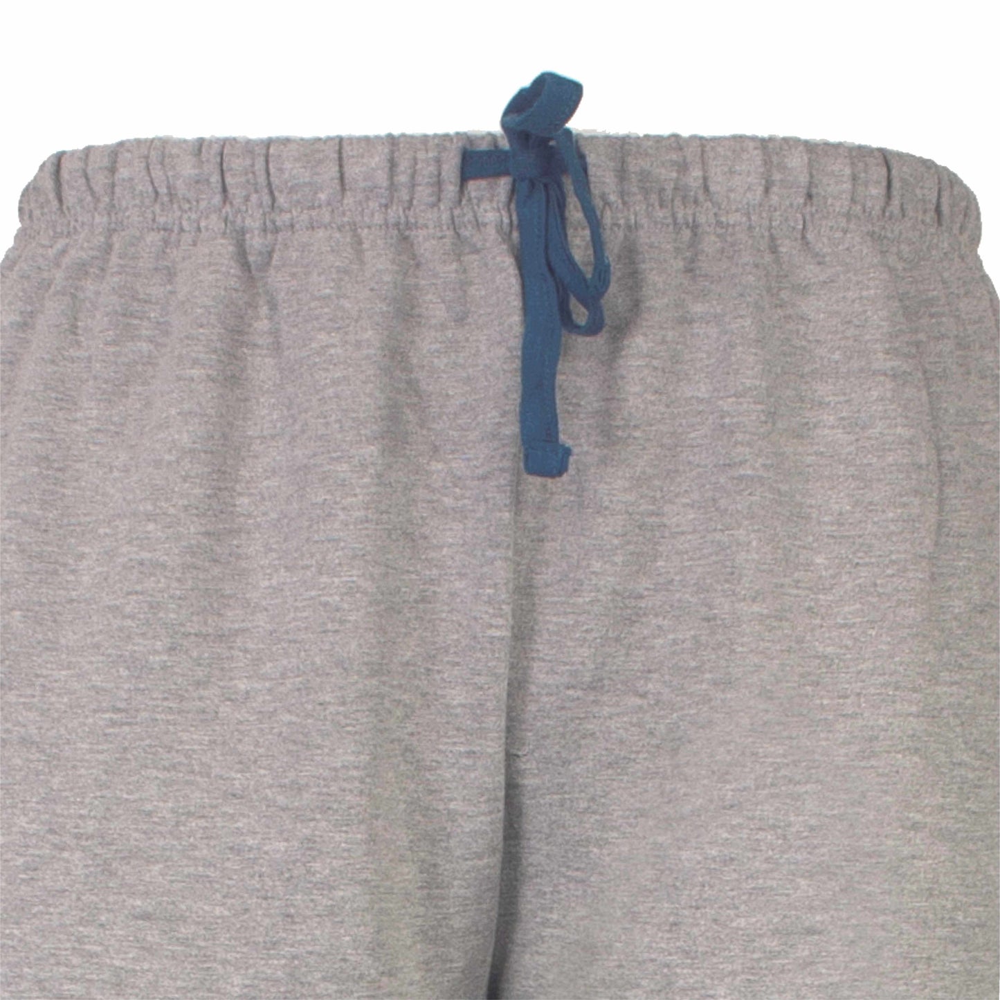 Grijze broek van een huispak met elastische tailleband en blauw trekkoord, gemaakt van zachte sweatstof.