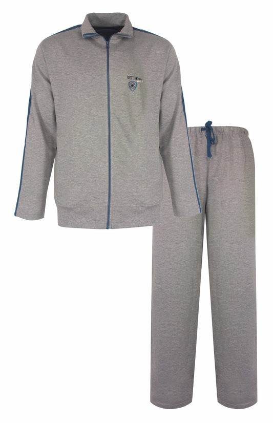 Grijs heren huispak met rits, sportieve stijl.staande uit jasje met opeen broek met trekkoord