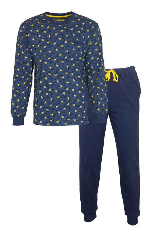 Blauwe heren pyjama set met gele sterrenprint op het shirt en effen blauwe broek met geel trekkoord