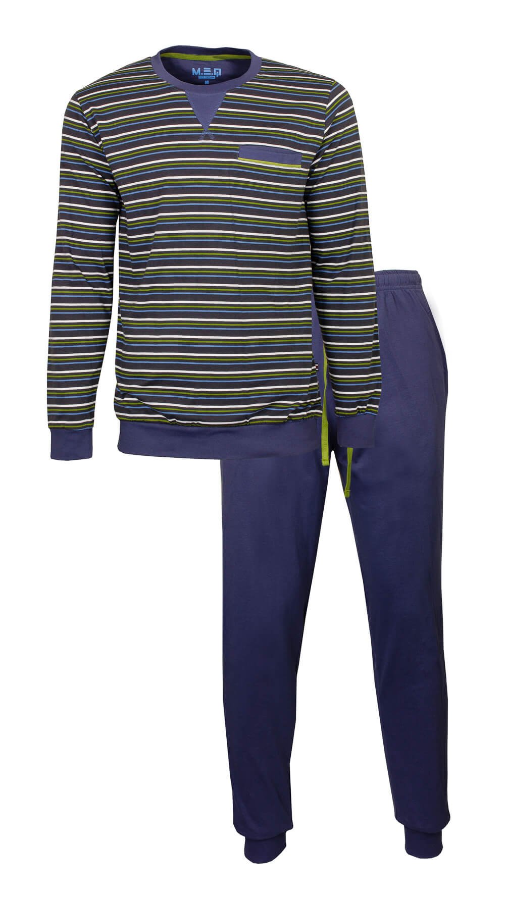 Blauwe heren pyjama set met gestreepte top en effen broek, gemaakt van katoen met ronde hals en lange mouwen.
