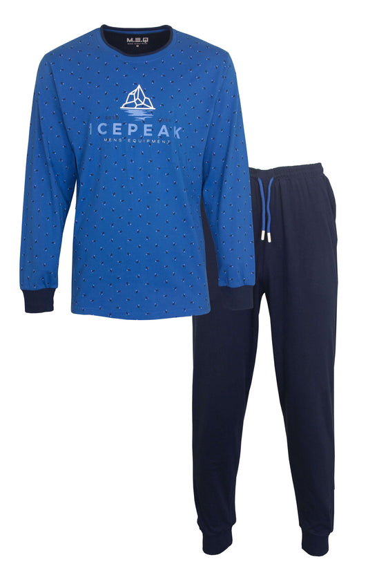 Blauwe pyjama set met gestippelde top en logo, lange mouwen en bijpassende donkerblauwe broek met trekkoord