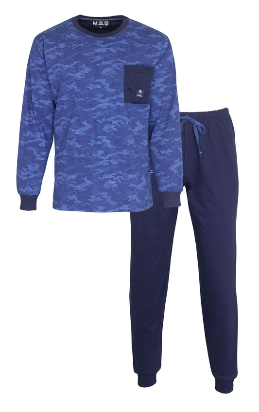 Blauwe heren pyjama met camouflageprint shirt, lange mouwen en effen broek met zakken en trekkoord