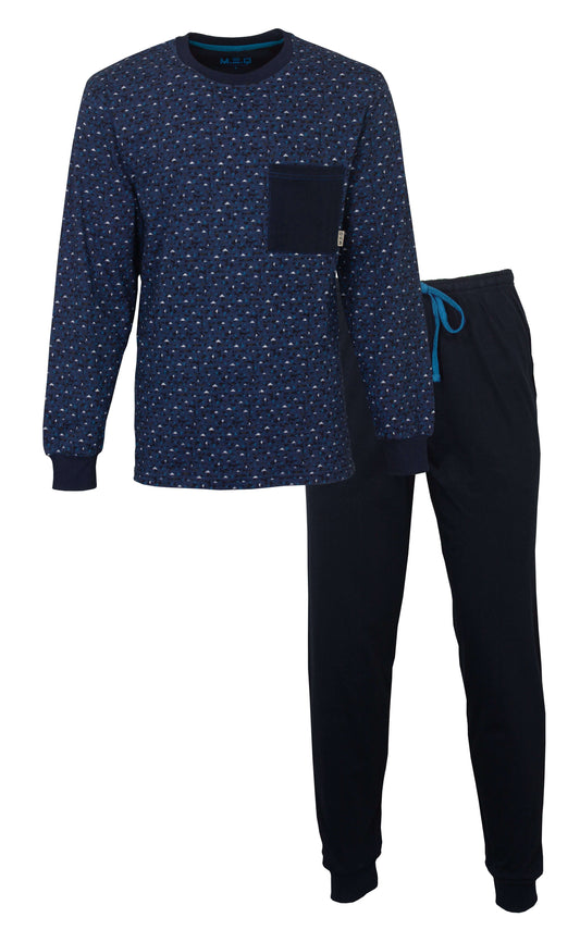 Blauwe heren pyjama set met geprint shirt en lange mouwen, effen broek met trekkoord in contrastkleur